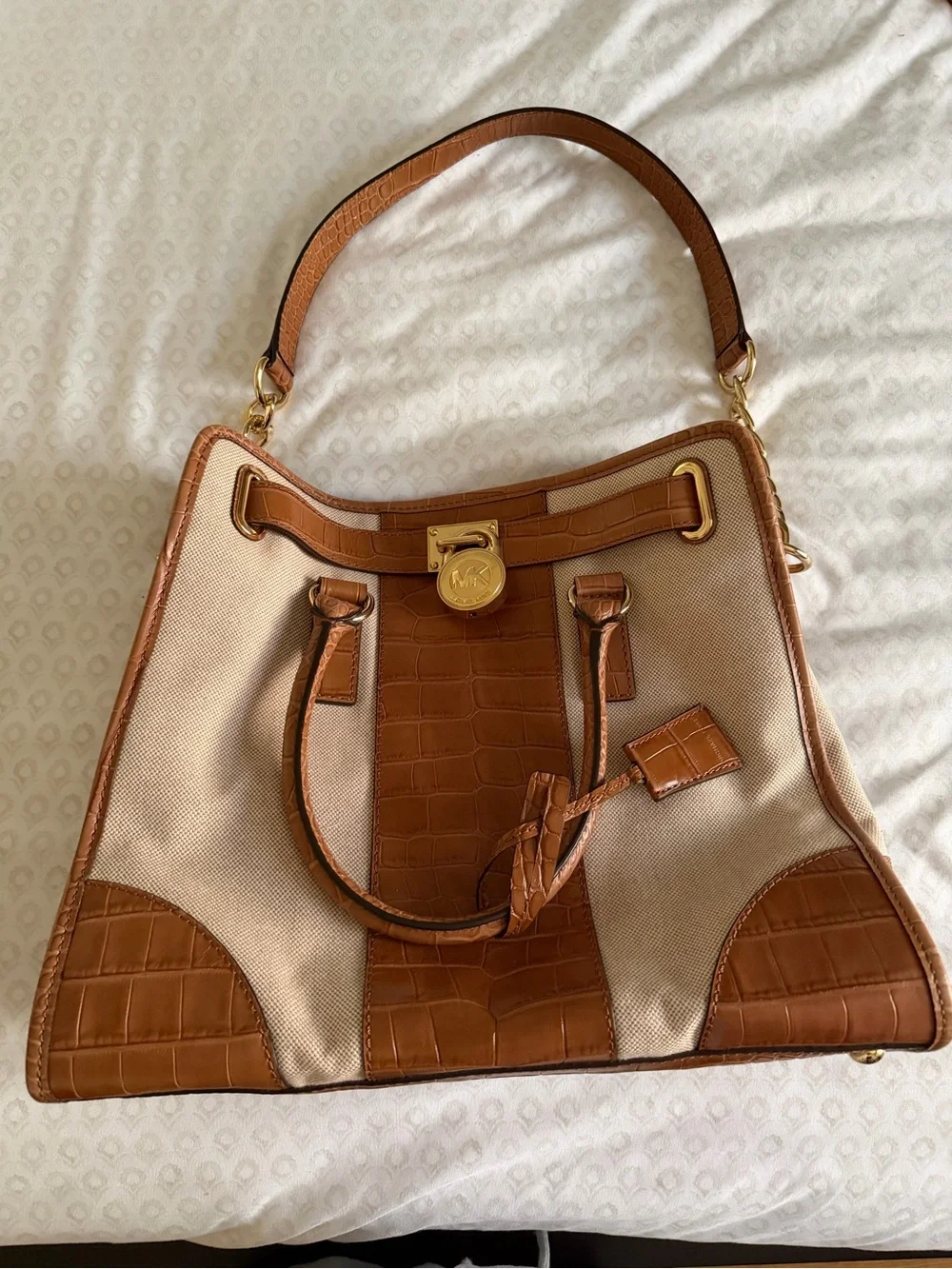Michael Kors Hamilton Large Tote Bag Brown Croc Embossed Beige Canvas Gold MK